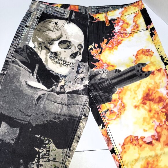 Y2K AOP Skull Jeans Descend Video Game Fire Evisu 34x29/30 - Picture 2 of 16
